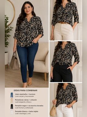 Enfocus Studio Black & Cream Paisley V-Neck Blouse
